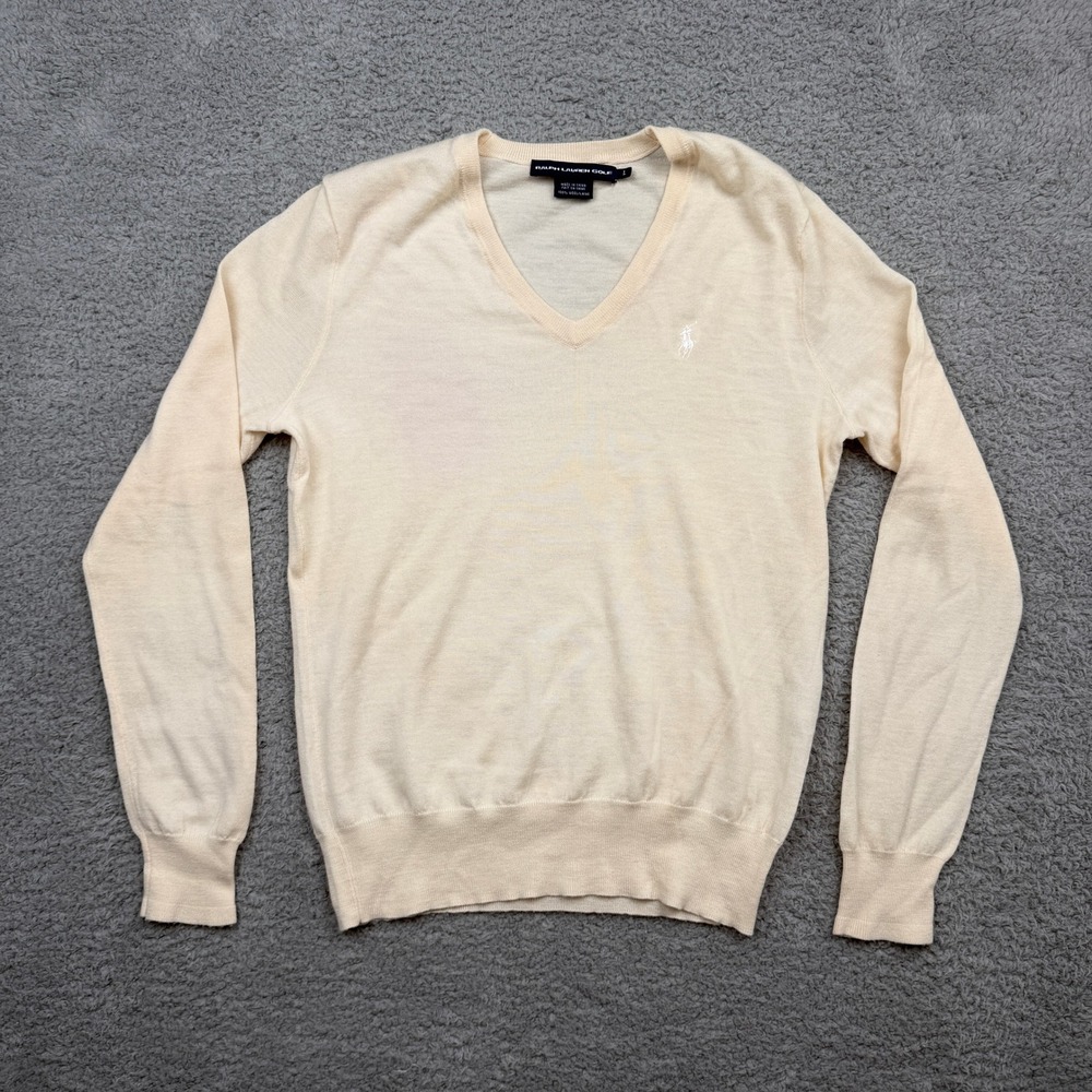 Ralph Lauren Golf Sweater Womens L Cream Wool V-Neck Long Sleeve Embroidery EUC